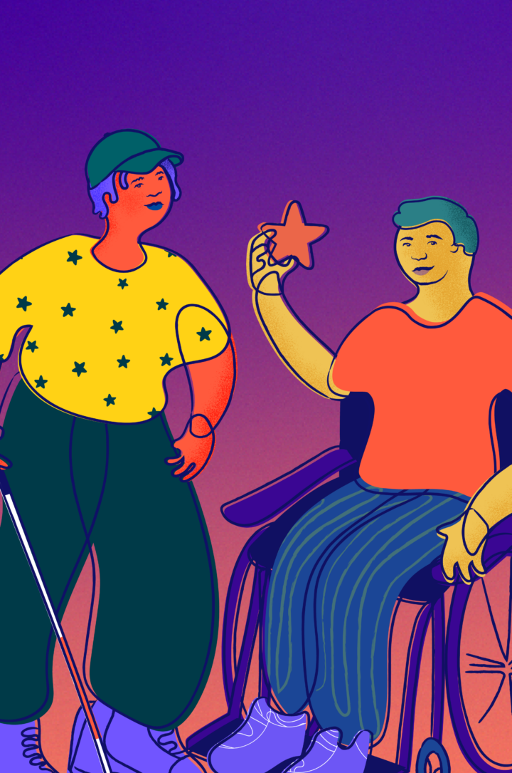 one lgbtq+ individual holding a white cane and another individual is in a wheel chair holding a star.