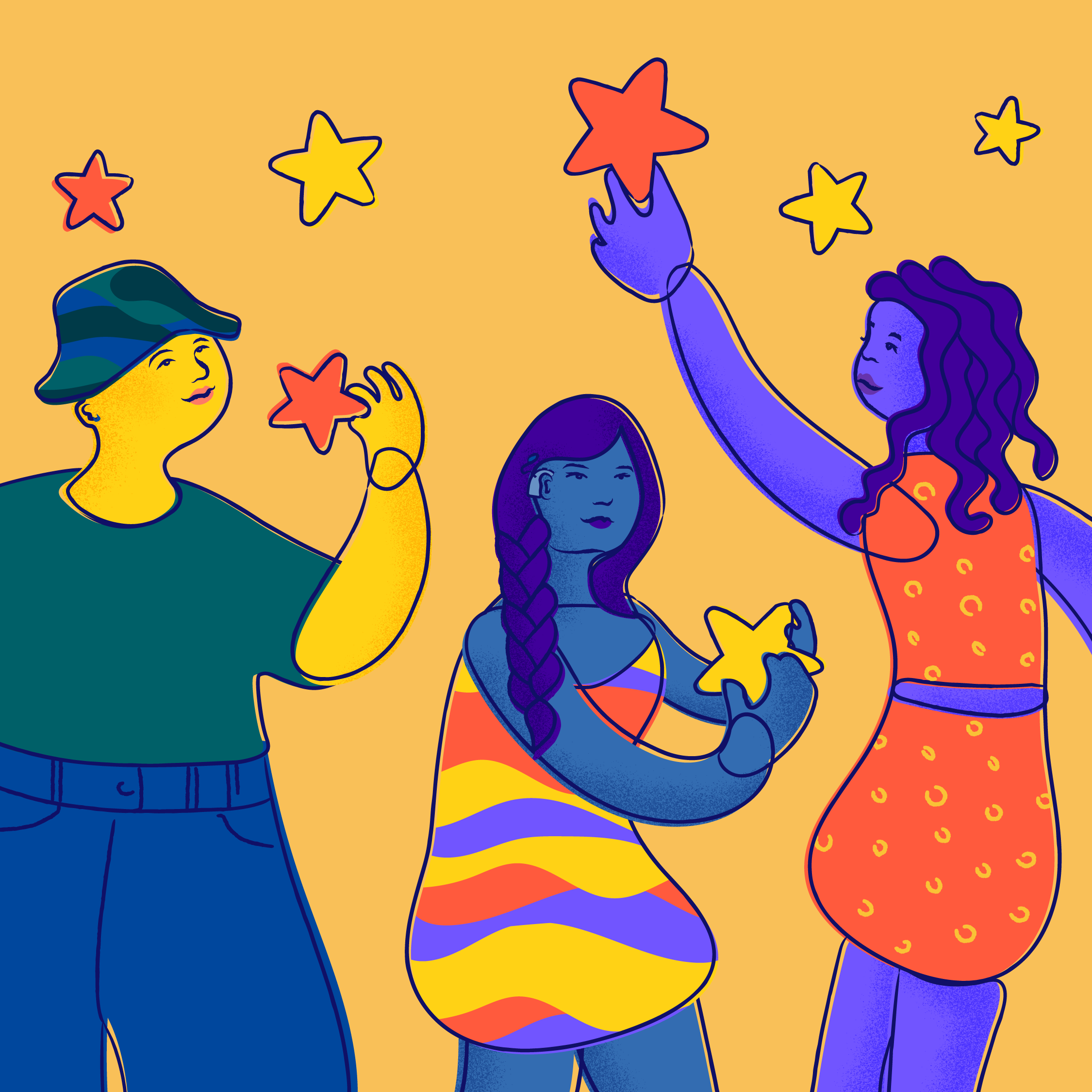 Three young people smile and hold stars falling from the sky.